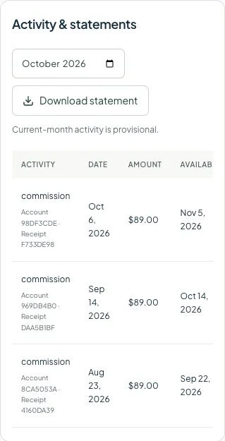 Choose the statement month above Download statement. Scroll the activity table sideways to inspect its remaining columns.