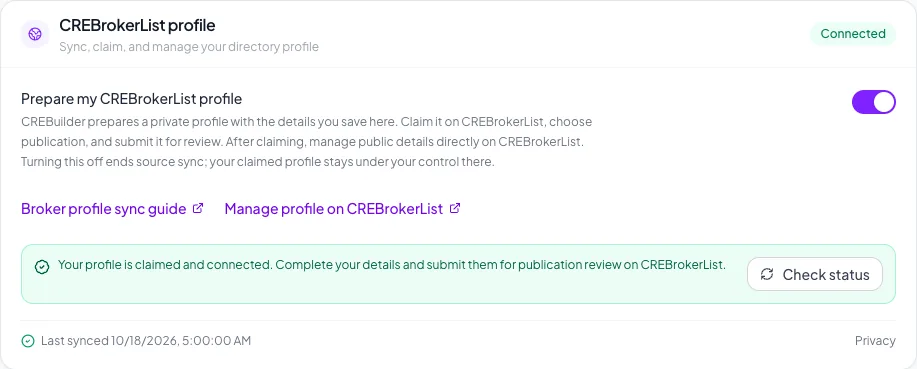 Your profile is claimed and connected. Manage your details and publication review on CREBrokerList.