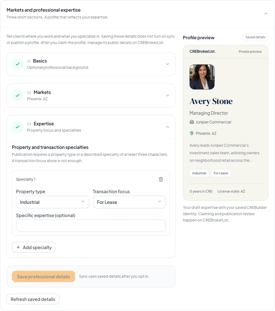 Save your professional details and expertise, then prepare your CREBrokerList profile. Claiming and publication are separate steps.