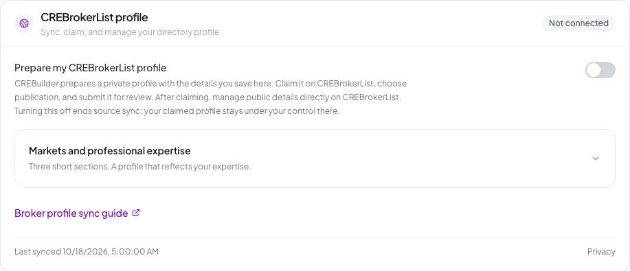 Profile preparation is off. A claimed CREBrokerList account remains available to its owner.