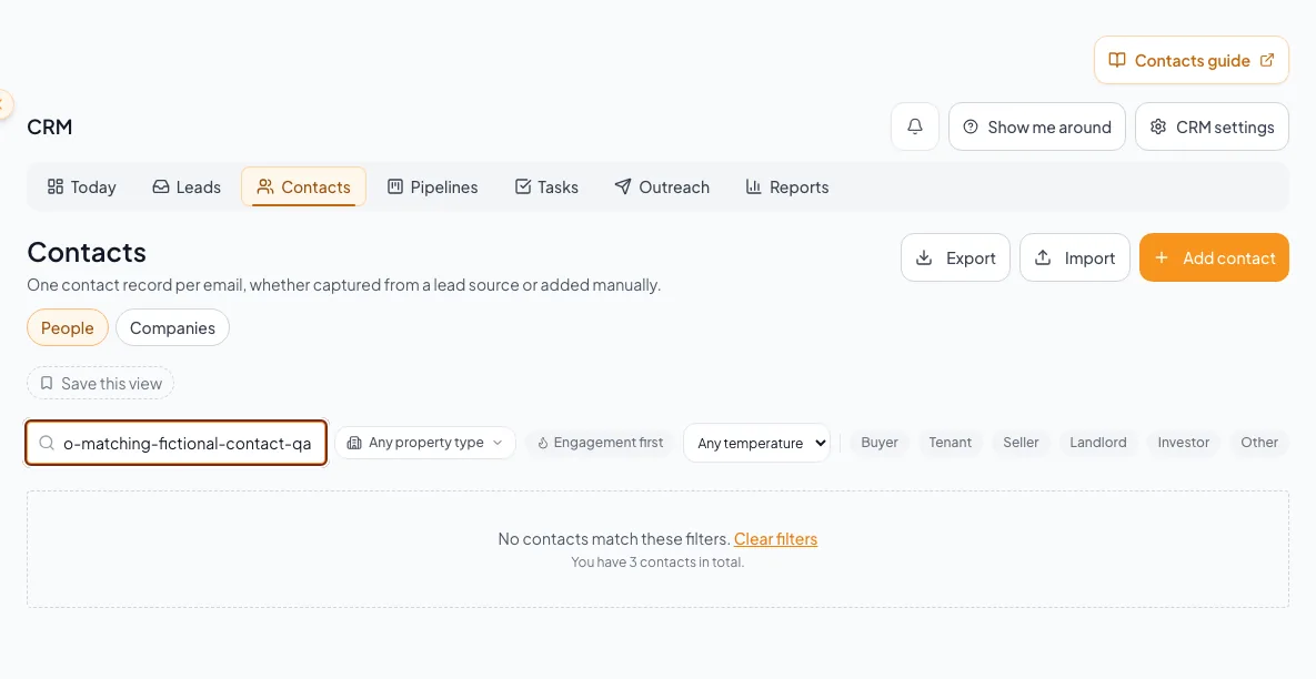 Show a filtered-empty CRM state separately from a true-empty workspace.