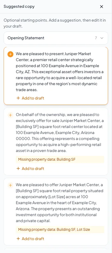 Suggested copy drawer with optional starting points and an explicit Add to draft action.