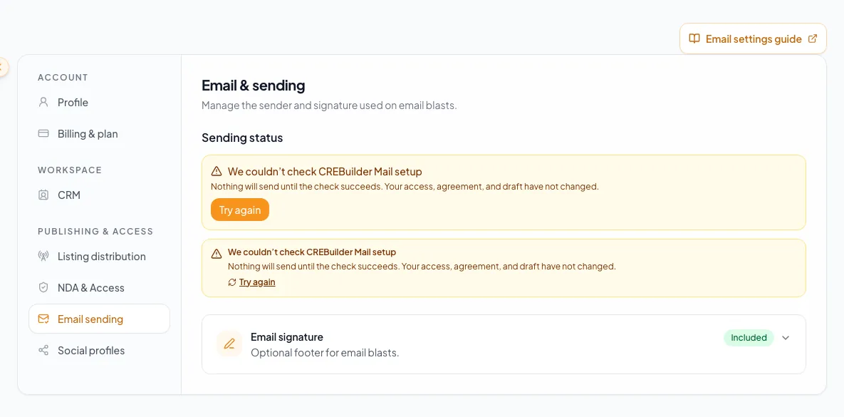Show an agreement, access, or domain verification blocker in the setup surface.