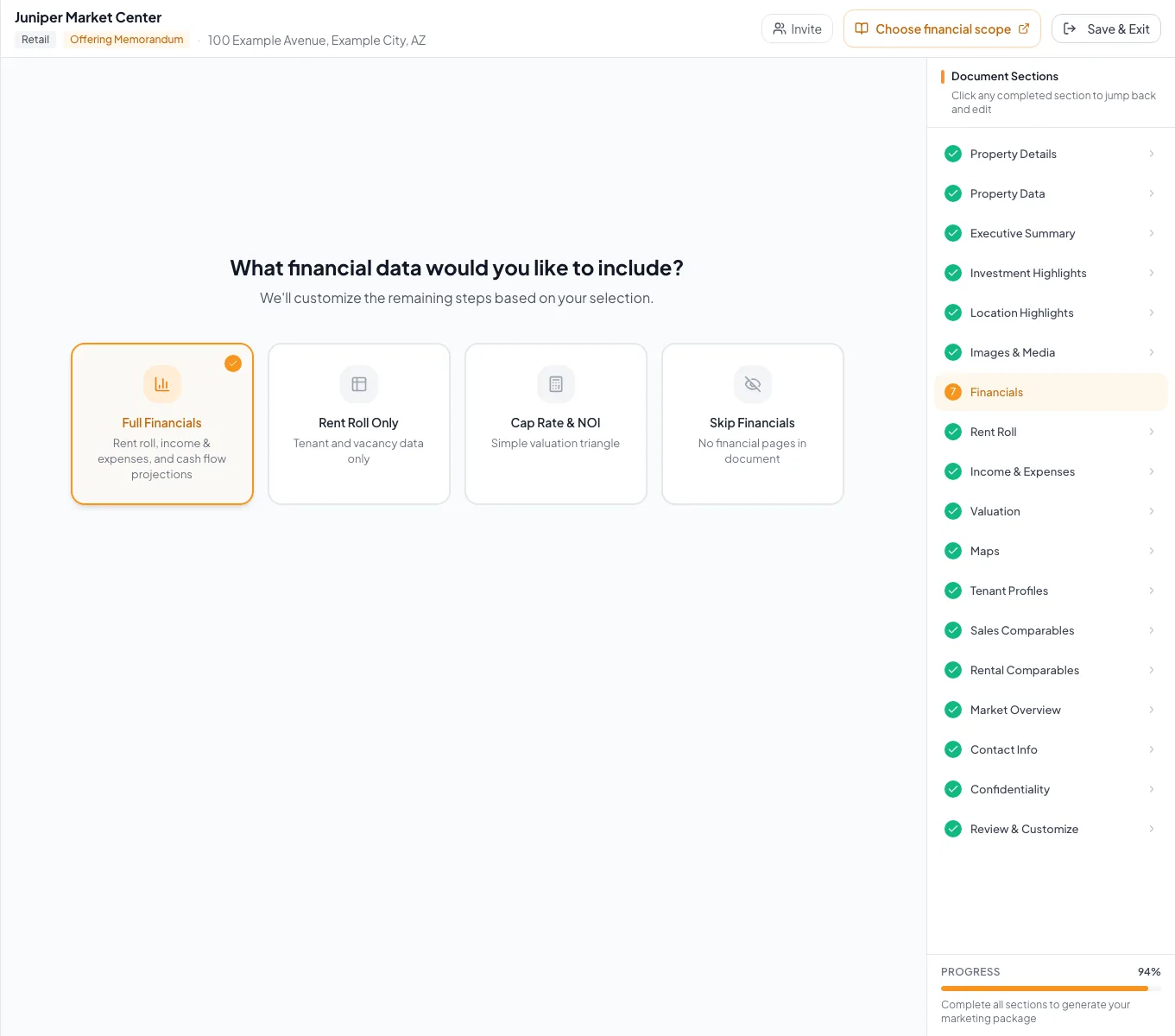 Orient users to the financial scope chooser and the work each option includes.