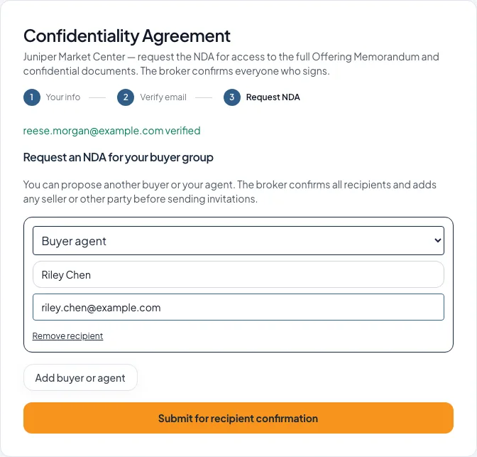A verified buyer can suggest their agent or another buyer before submitting the request to you.