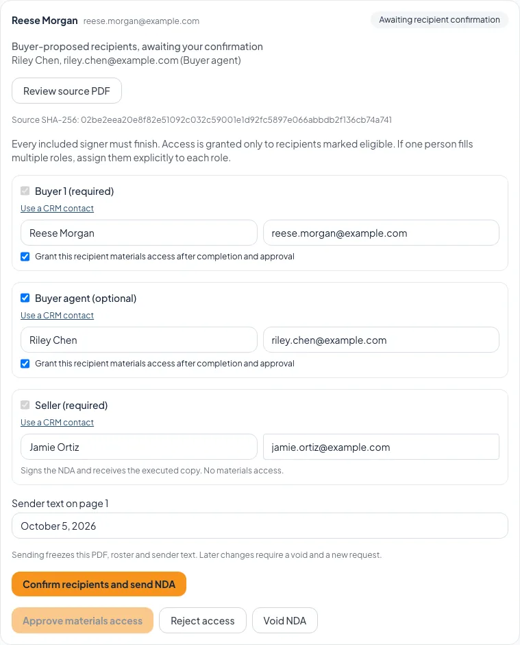 Confirm who signs for this buyer group, who gets the files, and your wording before sending.