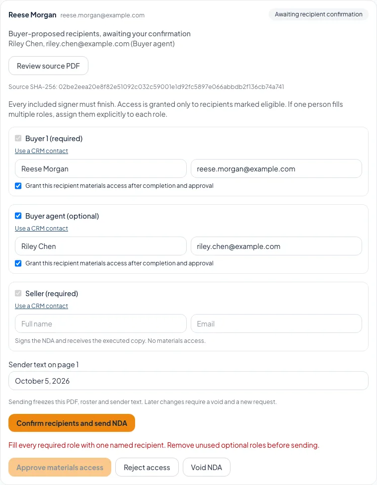 Sending stops until every required role has a named signer.