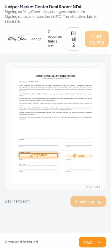 On a phone, the bottom bar steps the signer through their own fields.