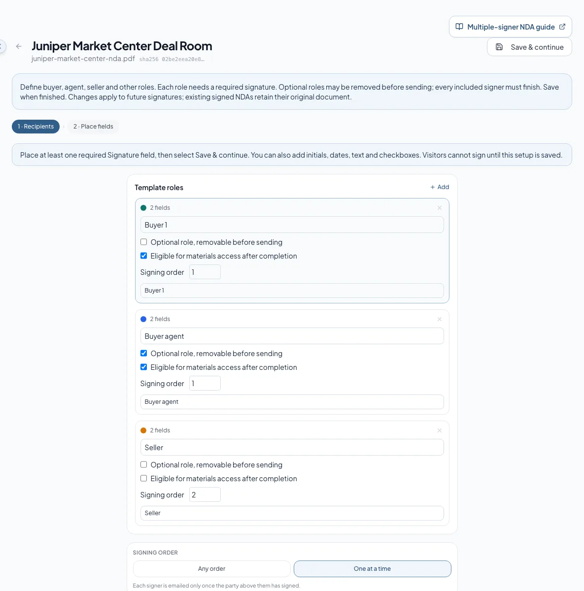 Name each role, mark optional parties and file access, and choose the signing order.