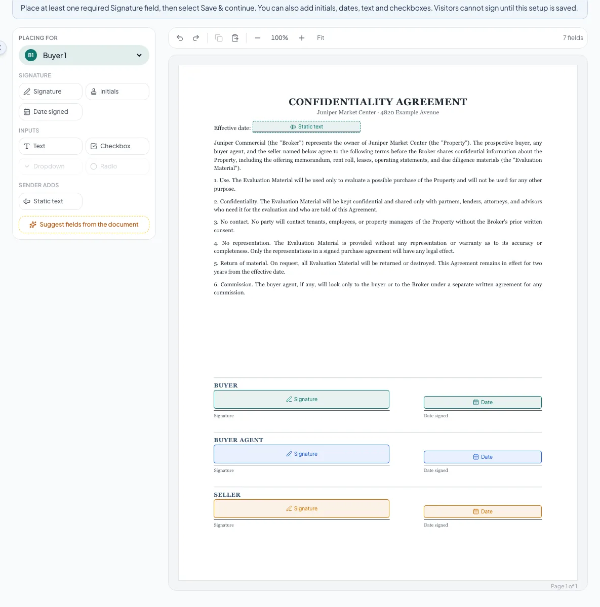 Each role gets its own signature and date fields in its color, with your effective date as static text.