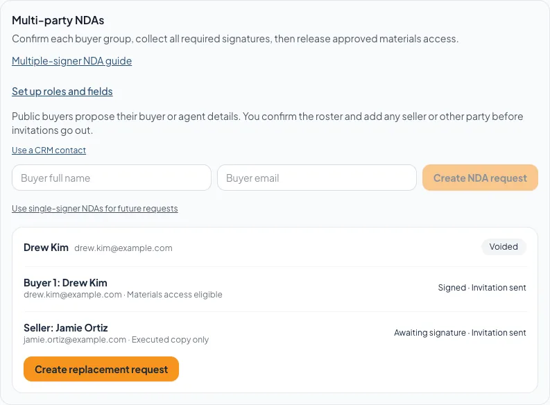 A voided NDA keeps its history and offers a replacement request for fresh signatures.