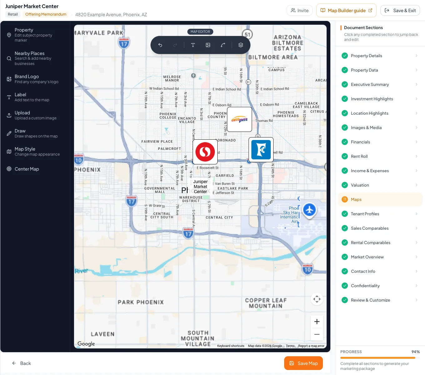 A finished retail map shows nearby brand logos around the subject property.