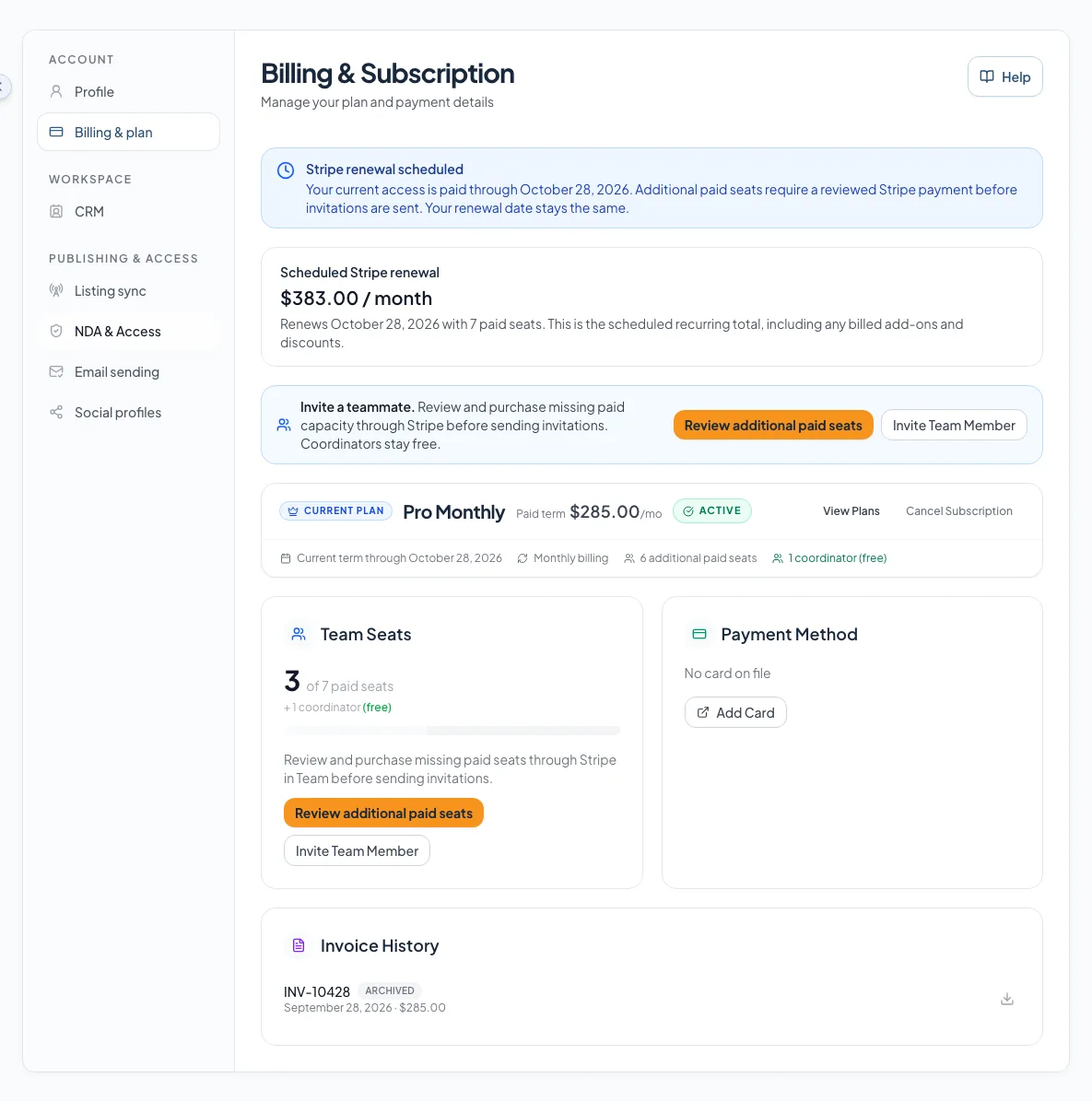 Review current monthly billing and the future recurring total before adding seats.