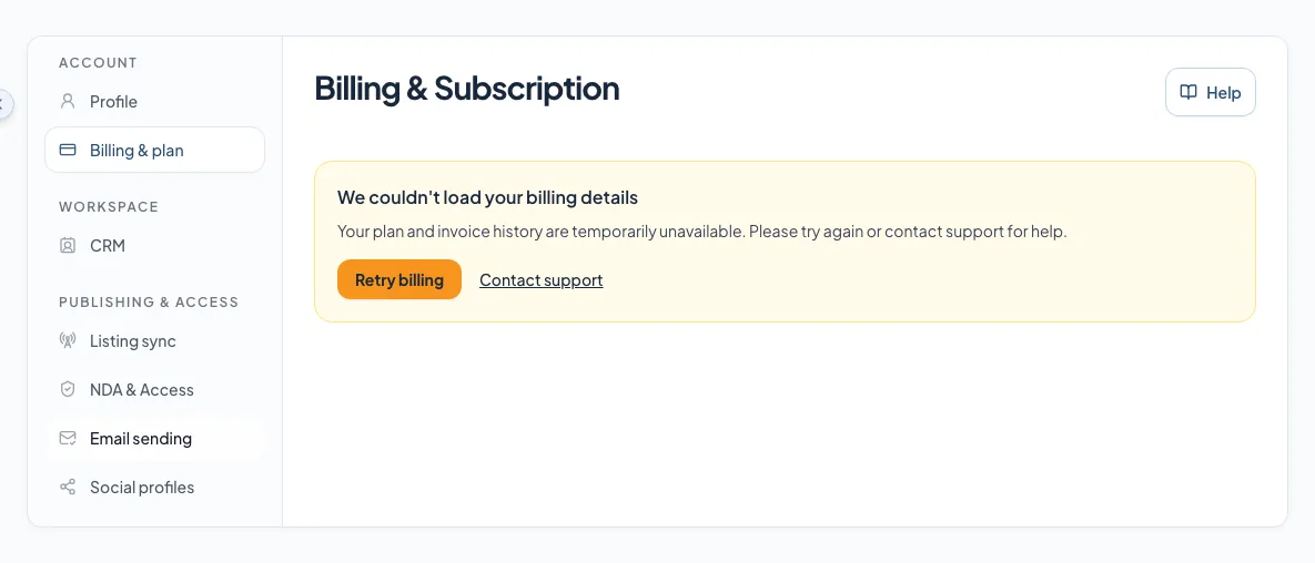 Retry or contact support when billing information is unavailable.