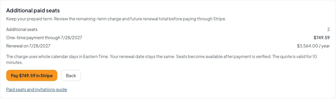 Review the annual seat charge and future renewal before approving Stripe Checkout.
