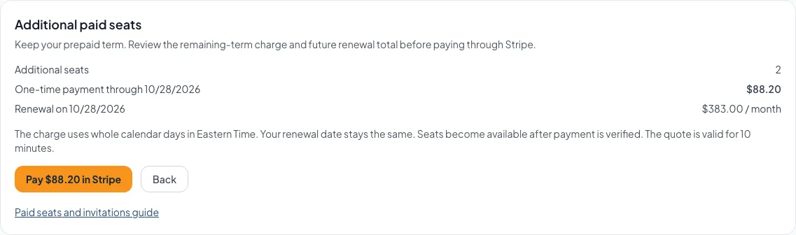 Review the monthly seat charge and the unchanged renewal date before paying.