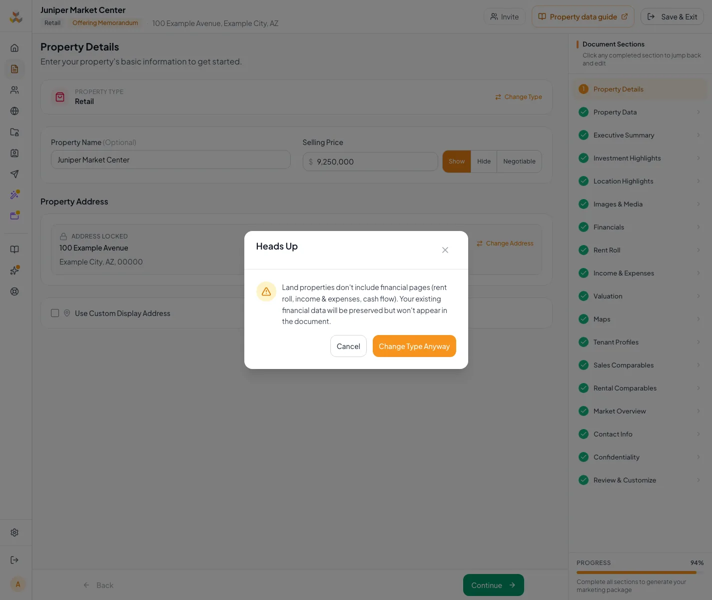 Show the data-preservation warning raised by an incompatible property-type change.