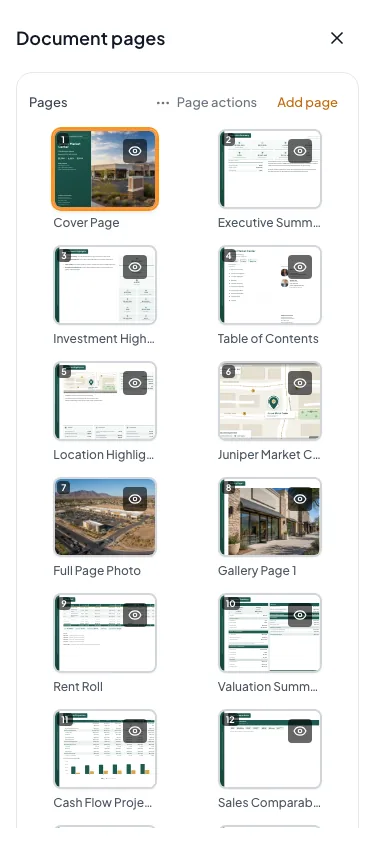 Show the Document pages drawer with selection, ordering and visibility controls on phones.