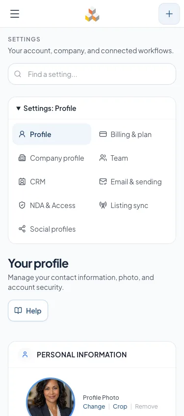Open the Settings section menu to move between your profile, company, CRM and sending setup on a phone.