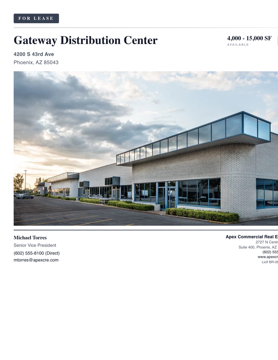 Industrial For Lease Flyer template example created with CREBuilder